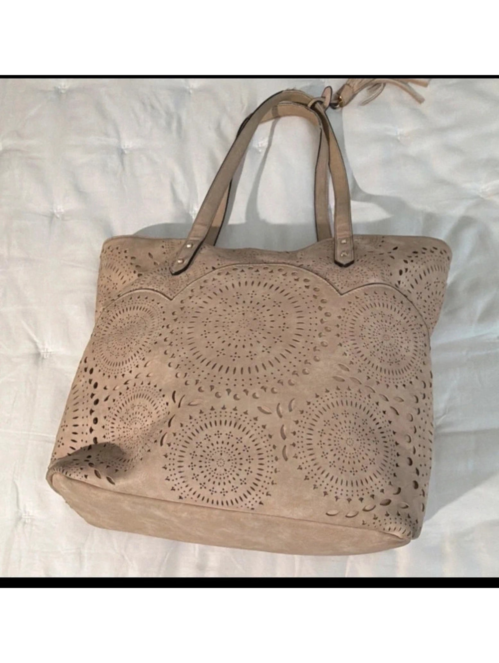 Beige Laser Cut Geometric Tote Bag with Tassel Accent